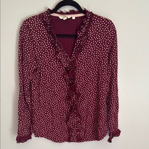 Boden Alberta Polka Dot Button Up Long Sleeve blouse Modal and Cotton Maroon S
